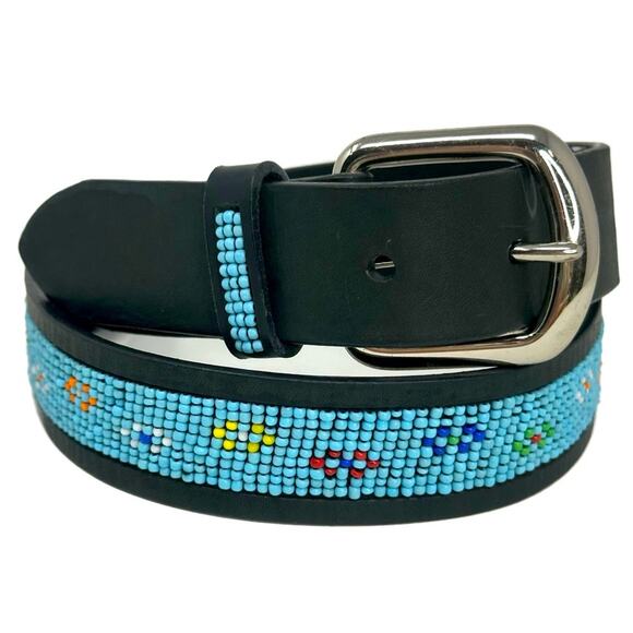 Intricate Beaded Western Leather Native Look Floral design Belt  - BLACK - Picture 1 of 6